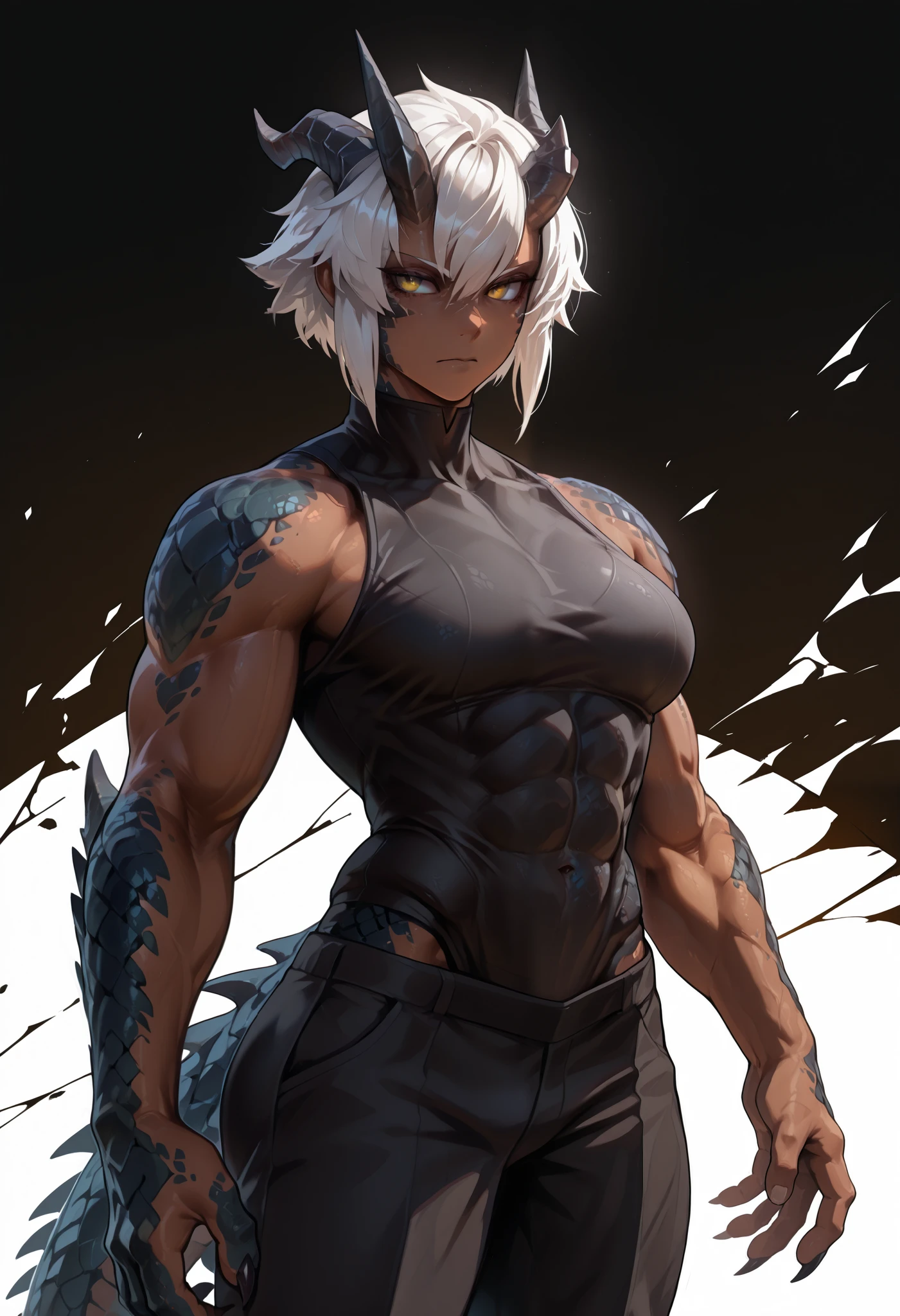 muscular creature, dark horns, yellow eyes, dark scales, short spiky white hair, short hair, black skinsuit, pants, humanoid arms with sharp claws and scales, scales on arms and legs, calm pose, athletic, dark skin tone, BREAK background is simple and muted, with a gradient effect and soft, neutral tones.