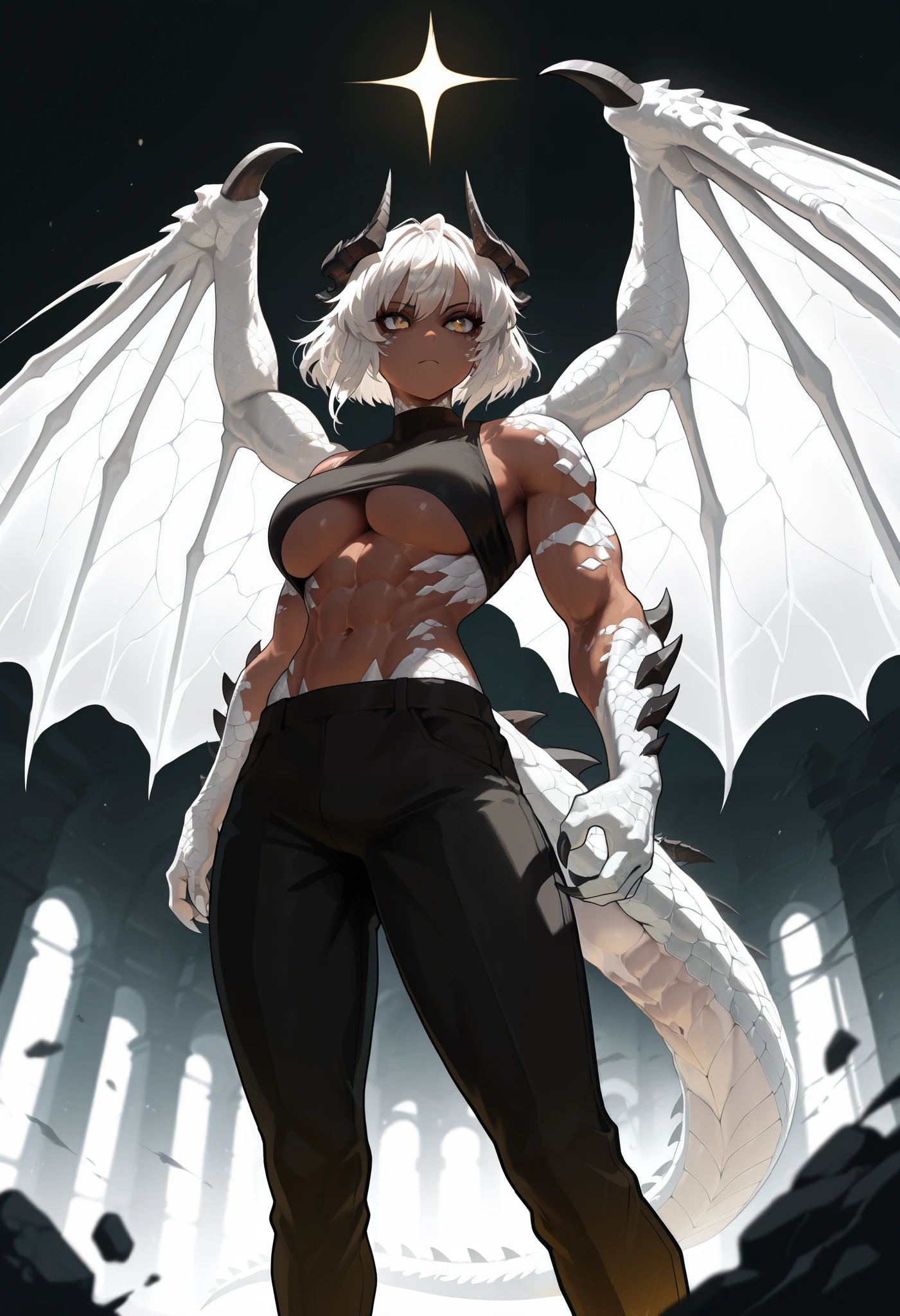 muscular creature, dark horns, yellow eyes, short spiky white hair, short hair, black skinsuit, pants, open abs, underboob, humanoid arms with sharp claws and scales, silver scales on arms and legs, calm pose, athletic, dark skin tone, 4 scalie wings, BREAK background is simple and muted, with a gradient effect and soft, neutral tones.