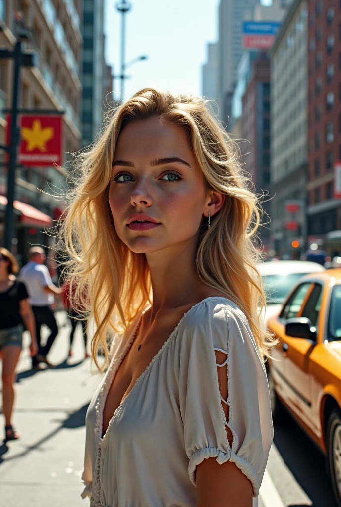 blonde girl, 23 years old, green eyes, big eyes, on city