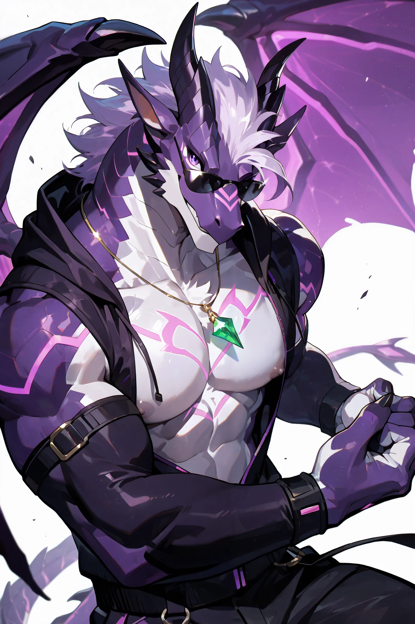 solo, silhouette, shadow of dragon, purple dragon, athletic character, wearing a purple sleeveless hoodie, purple detached sleeves, black parachute pants, circular black sunglasses, glowing fire demonic markings on chest, glowing demonic markings on face, wings, dragon wings, wallpaper quality, dynamic pose, chest-up, (Purple Scales, White chest, white fur, athletic body), flirty smile, neon lighting, purple eyes, light purple hair, simple background, white background, (muscular), gold ring, street style clothes, masterpiece, emerald necklace, pectorals, dynamic pose, correct anatomy, correct hands, best quality,