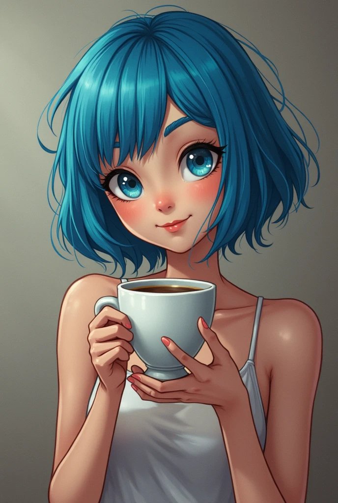 CyberEvelyn, blue hair, bob cut, green eyes, small breasts, white dress, cleavage, jewelry,looking at viewer, smiling, sitting behind a table, inside a cozy cafe, coffee mug, steam, soft lighting, high quality, masterpiece, <lora:CyberEvelyn:.7>