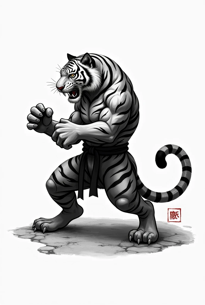 A white tiger wearing martial arts pants. Doing a martial arts pose.