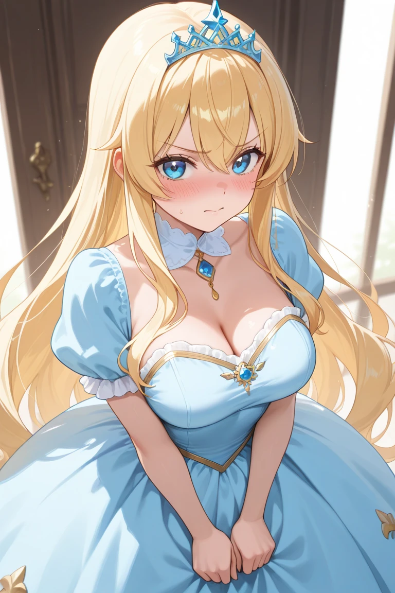 4K,High resolution,One Woman,Blonde,long hair,Light blue eyes,Big Breasts,princess,Blue Dress,Well good,White gloves,princessのティアラ,Jewelry decoration,Medieval castle