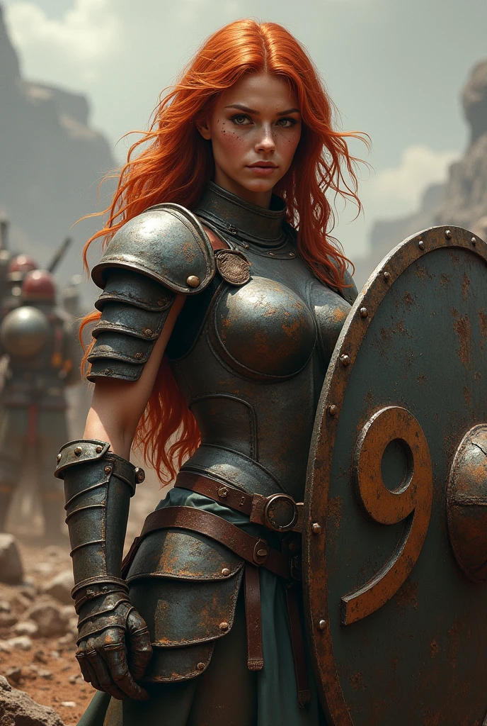 masterpiece of a fierce chubby woman in armor with red long curly hair, scars, battle, skin detail, best quality, high detail, detailed background, rtx, 4k, 8k,