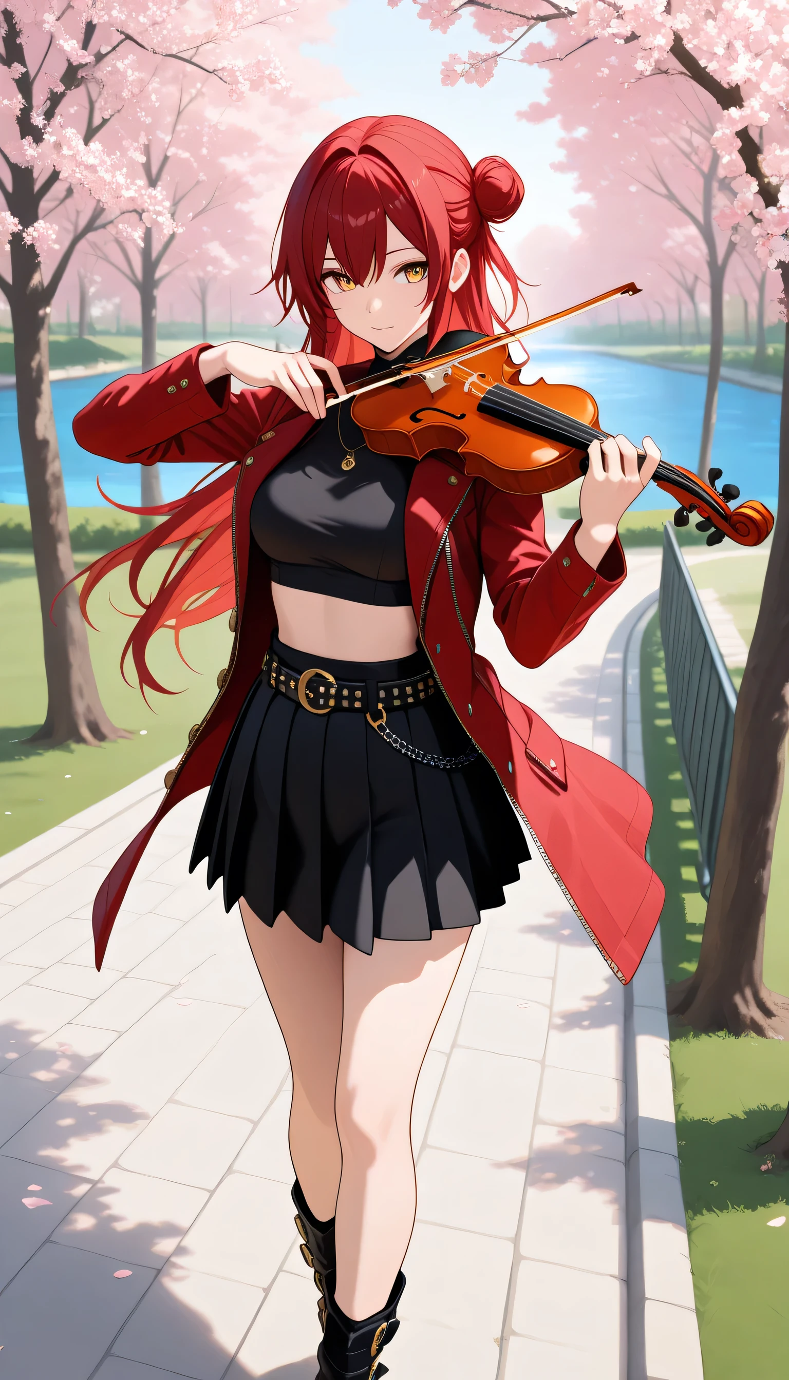 1girl , red hair , long hair , simple bun , side stripes , golden eyes , medium breasts ,
sexy, cute, handsome, , violin in hand, violin playing, rocking clothes, black crop top, red crop top jacket, rocking jacket, open jacket, black skirt, wide pleated skirt, studded belt, standing in a park, riverside, blooming cherry blossom trees, river Dynamic shot, (shot from above:1.5)