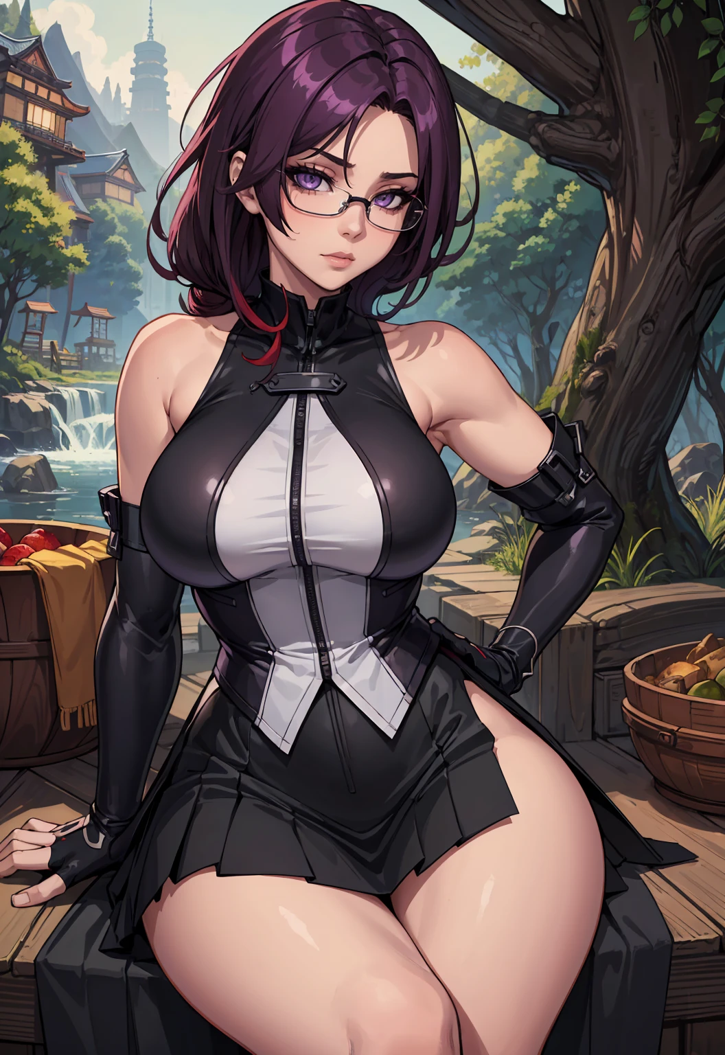 Masterpiece, Beautiful art, professional artist, 8k, art style by sciamano240, Very detailed face, Detailed clothing, detailed fabric, 1 girl, big breasts, naked breasts, breasts without clothes, Beautiful nipples, kneeling, perfectly drawn body, pose sexy, beautiful face, long dark crimson hair, Blue eyes, very detailed eyes, pink cheeks, seductive expression, loving smile, glasses, (shiny black tight bodysuit, that does not cover the breasts), black gloves, gloves that cover hands, Sensual Lips , evening de invierno, show details in the eyes, looking at the viewer, Dark road, dark forest, evening, Atmosphere, fog