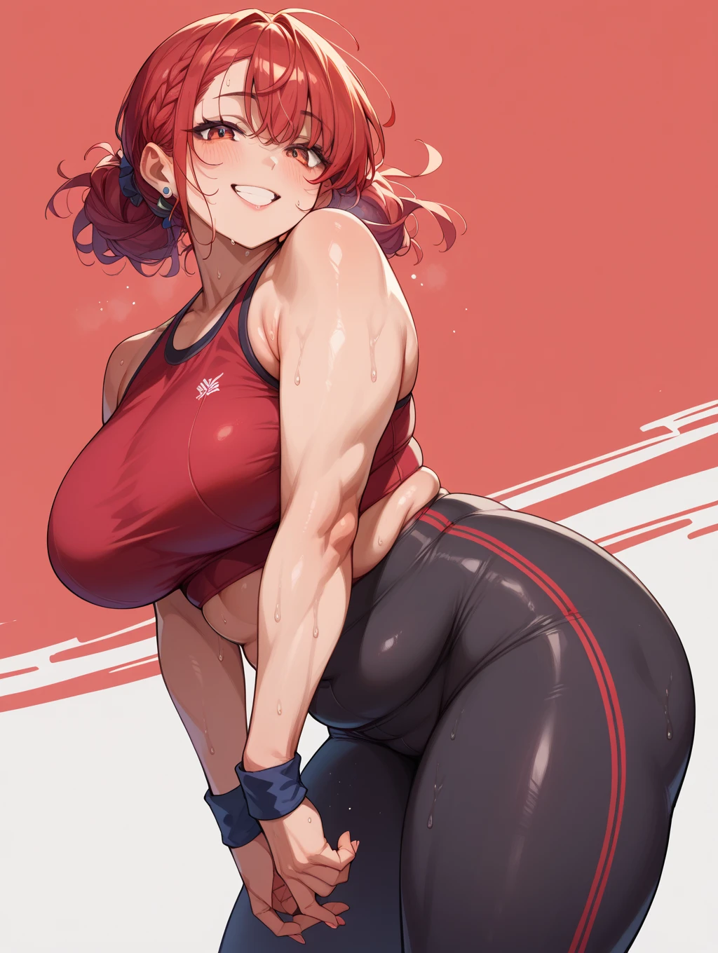 Five nights in anime, mangle, crop top giant boobs thigh high, abs, pink hair, white body, big thighs, earrings, eyeliner, coller, pink tail, hourglass figure, in chains, GTS belly piercing, flexing, in gym, Christmas hat