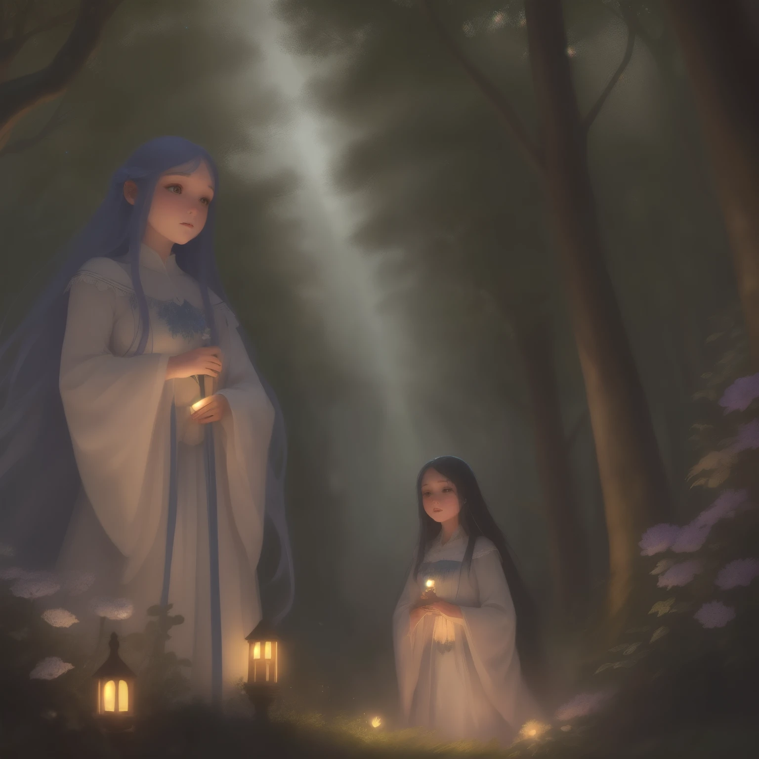 In this enchanting scene, the camera is situated among treetops, offering a low-angle perspective amidst a whimsical atmosphere, Moonlit forest glade, subtle mist swirling around ancient trees, illuminated by a soft, ethereal glow emanating from a crescent moon hanging low in the sky. A young witch, dressed in flowing white robes, stands at the edge of the clearing, her staff glowing with a gentle blue light as she gazes up at the celestial body, her long hair blowing gently in the breeze.. The composition features a kaleidoscope of vibrant flowers swaying gently in the breeze, with towering trees stretching towards the sky and magical beings hidden amongst the foliage. Soft, diffused light filters through the canopy, casting dappled shadows across the forest floor. As the camera captures every detail in 8K resolution, delicate petals of seven-colored flowers and enigmatic expressions of mystical creatures come into sharp focus.