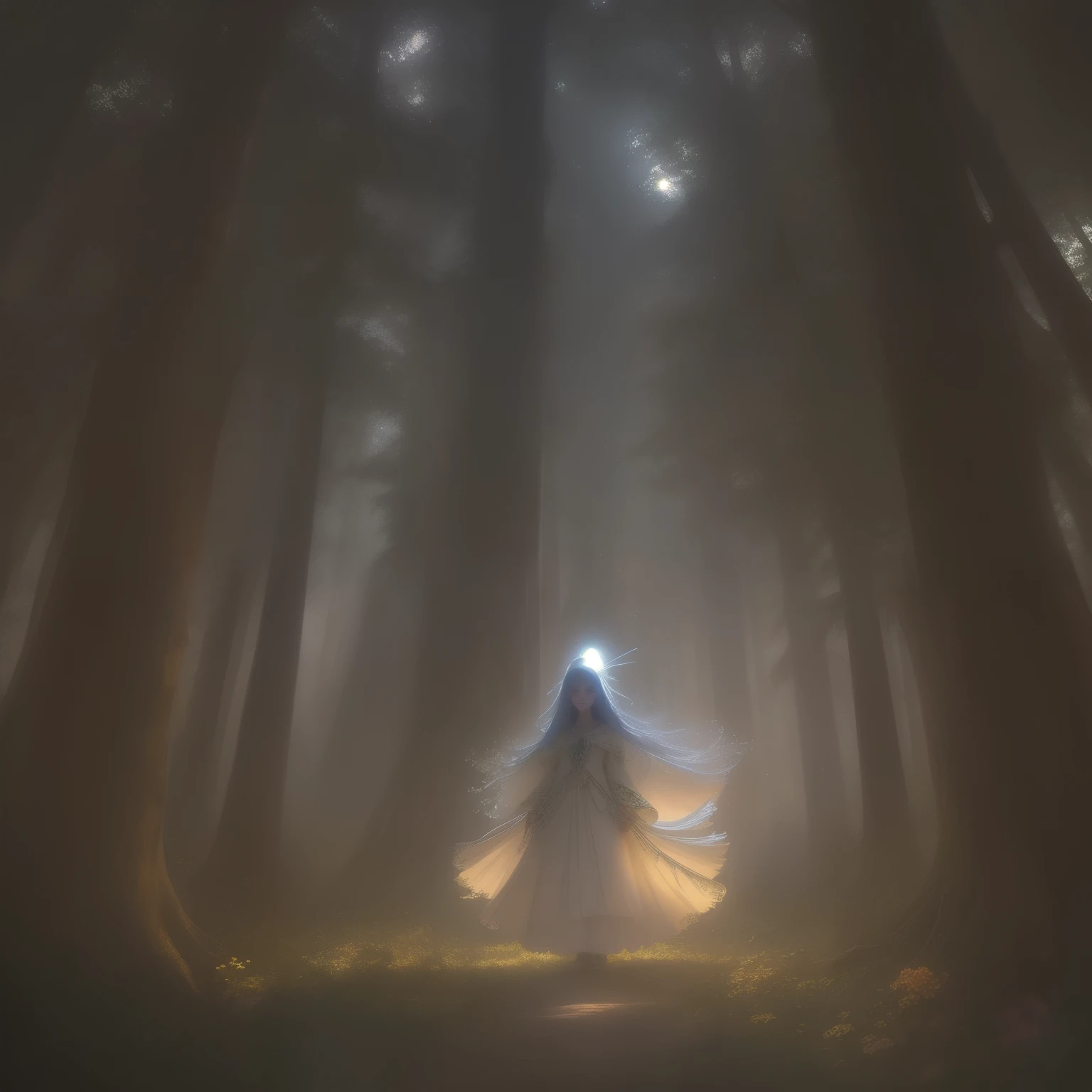 In this enchanting scene, the camera is situated among treetops, offering a low-angle perspective amidst a whimsical atmosphere, Moonlit forest glade, subtle mist swirling around ancient trees, illuminated by a soft, ethereal glow emanating from a crescent moon hanging low in the sky. A young witch, dressed in flowing white robes, stands at the edge of the clearing, her staff glowing with a gentle blue light as she gazes up at the celestial body, her long hair blowing gently in the breeze.. The composition features a kaleidoscope of vibrant flowers swaying gently in the breeze, with towering trees stretching towards the sky and magical beings hidden amongst the foliage. Soft, diffused light filters through the canopy, casting dappled shadows across the forest floor. As the camera captures every detail in 8K resolution, delicate petals of seven-colored flowers and enigmatic expressions of mystical creatures come into sharp focus.