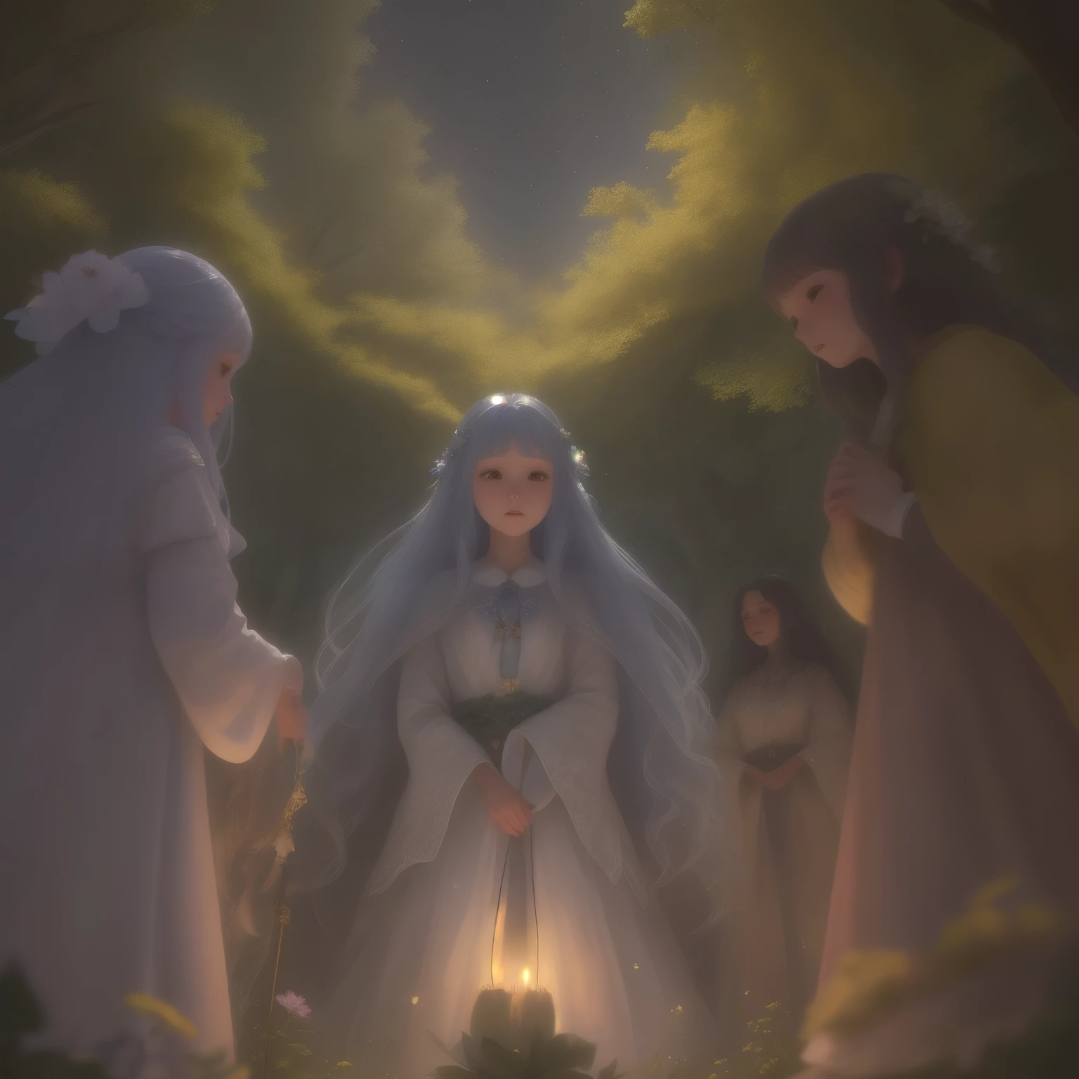 In this enchanting scene, the camera is situated among treetops, offering a low-angle perspective amidst a whimsical atmosphere, Moonlit forest glade, subtle mist swirling around ancient trees, illuminated by a soft, ethereal glow emanating from a crescent moon hanging low in the sky. A young witch, dressed in flowing white robes, stands at the edge of the clearing, her staff glowing with a gentle blue light as she gazes up at the celestial body, her long hair blowing gently in the breeze.. The composition features a kaleidoscope of vibrant flowers swaying gently in the breeze, with towering trees stretching towards the sky and magical beings hidden amongst the foliage. Soft, diffused light filters through the canopy, casting dappled shadows across the forest floor. As the camera captures every detail in 8K resolution, delicate petals of seven-colored flowers and enigmatic expressions of mystical creatures come into sharp focus.