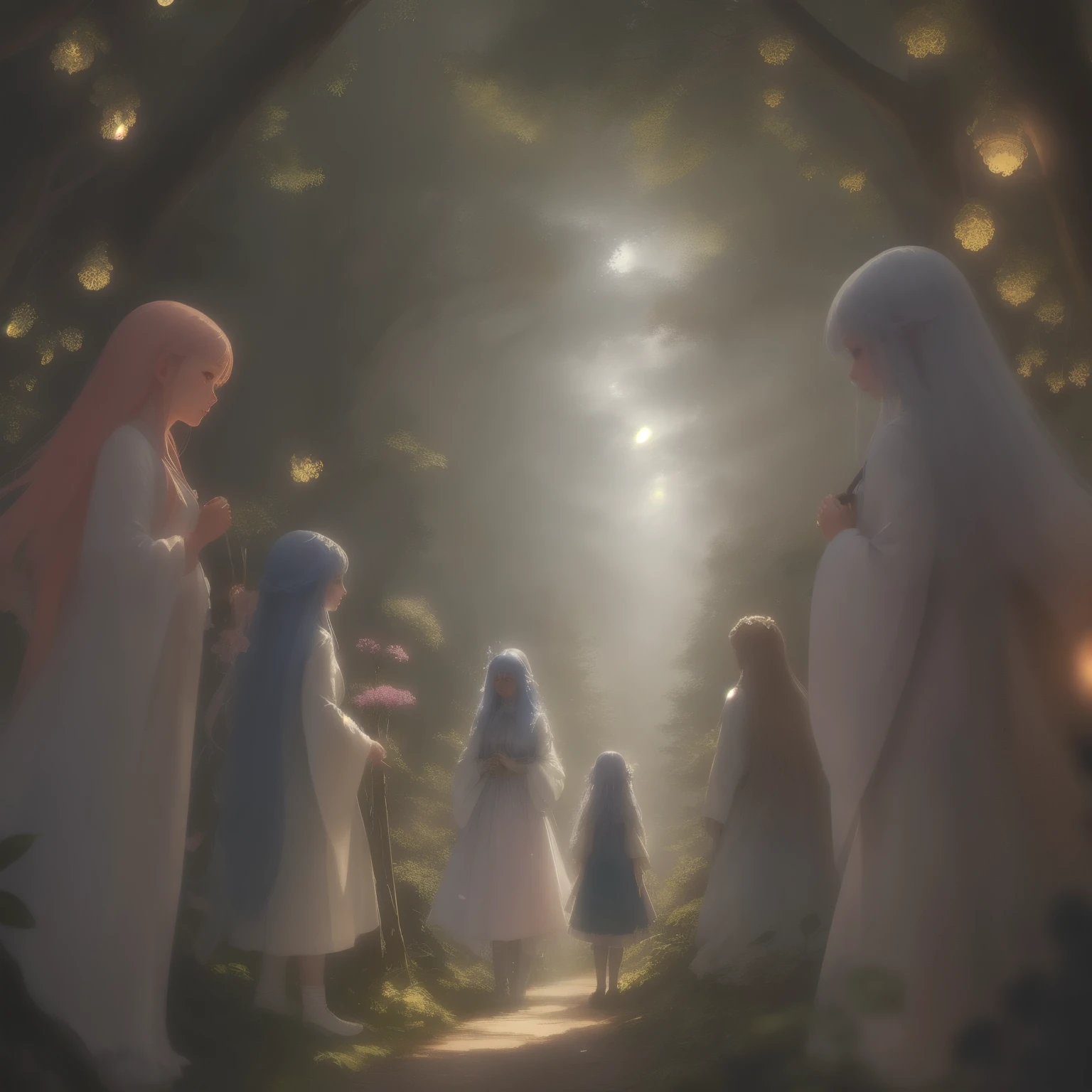 In this enchanting scene, the camera is situated among treetops, offering a low-angle perspective amidst a whimsical atmosphere, Moonlit forest glade, subtle mist swirling around ancient trees, illuminated by a soft, ethereal glow emanating from a crescent moon hanging low in the sky. A young witch, dressed in flowing white robes, stands at the edge of the clearing, her staff glowing with a gentle blue light as she gazes up at the celestial body, her long hair blowing gently in the breeze.. The composition features a kaleidoscope of vibrant flowers swaying gently in the breeze, with towering trees stretching towards the sky and magical beings hidden amongst the foliage. Soft, diffused light filters through the canopy, casting dappled shadows across the forest floor. As the camera captures every detail in 8K resolution, delicate petals of seven-colored flowers and enigmatic expressions of mystical creatures come into sharp focus.