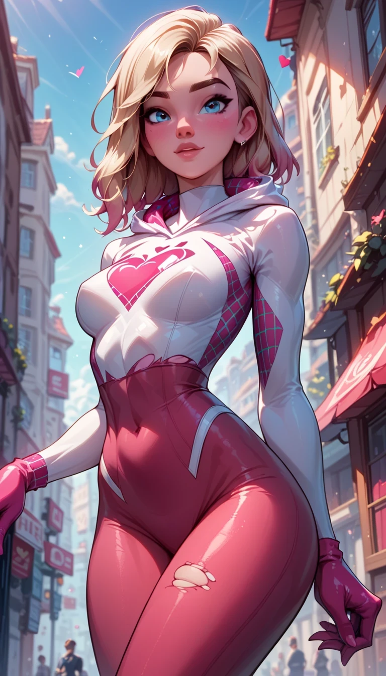 sexy gwen stacy wearing a sexy ripped red leggings for valentine's day, high quality face and detailed eyes, standing up