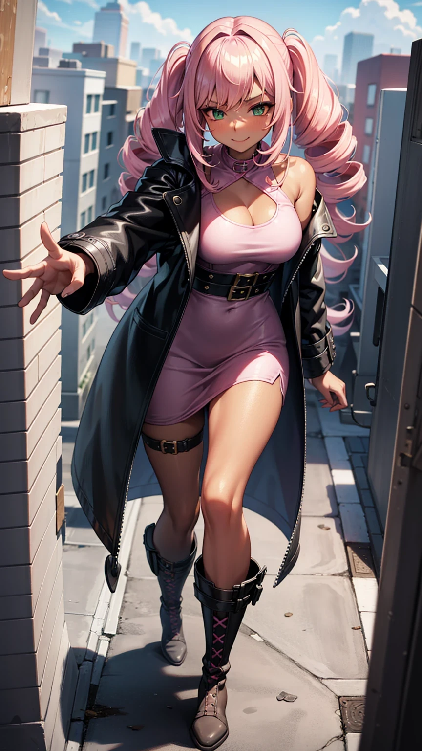 a full body Lex a Beautiful woman, happy, fun, full of life, wearing a light pink leather jacket waist-coat, a pink miniskirt, and white ankle length go-go boots, surrounded By a giant persona Monster, in a destrones metropolis, character, thin, petite, small breasts, medium dark skin, Persona, Shin Megami Tensei,wildly hair, surrounded By a giant persona Monster, in a destrones metropolis