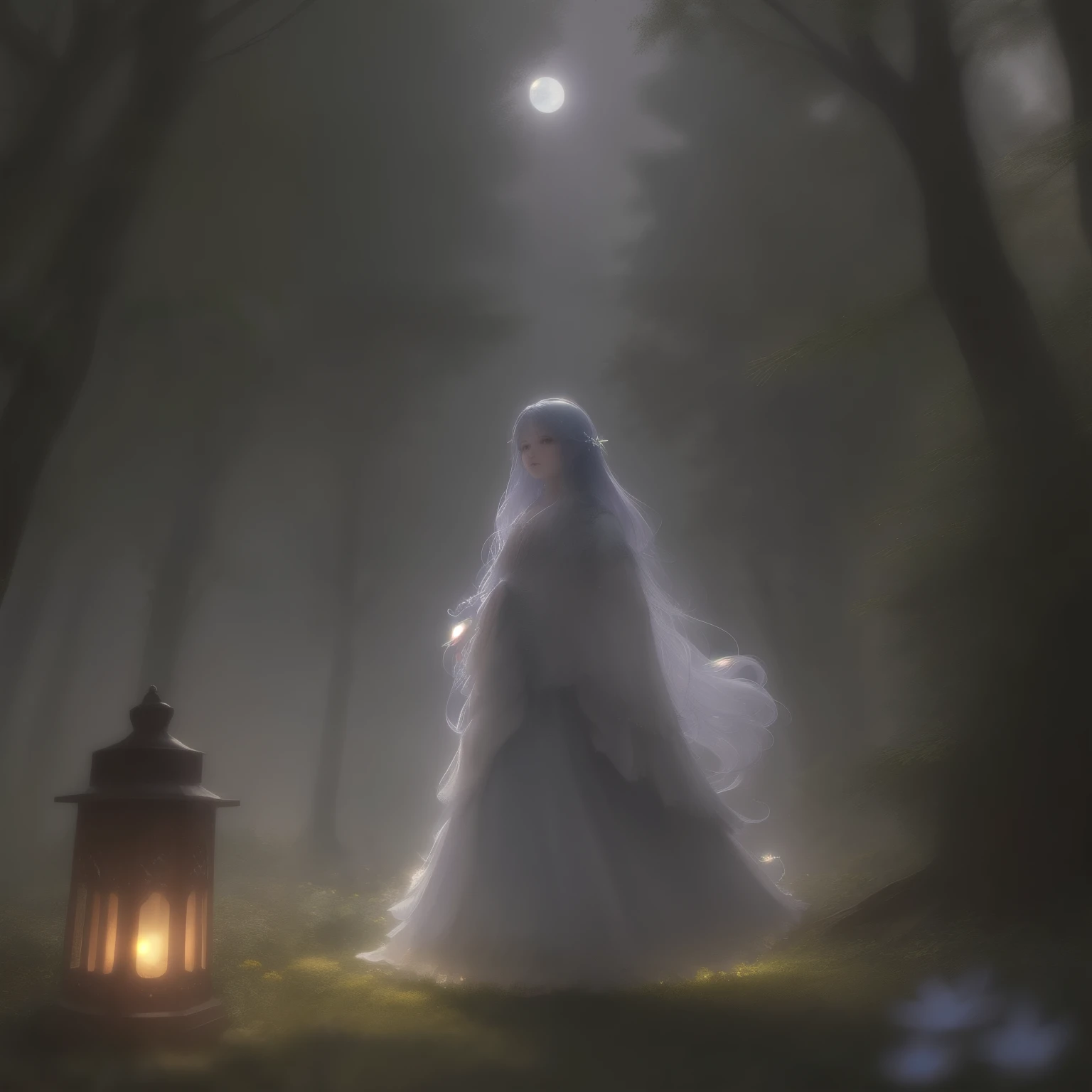 In this enchanting scene, the camera is situated among treetops, offering a low-angle perspective amidst a whimsical atmosphere, Moonlit forest glade, subtle mist swirling around ancient trees, illuminated by a soft, ethereal glow emanating from a crescent moon hanging low in the sky. A young witch, dressed in flowing white robes, stands at the edge of the clearing, her staff glowing with a gentle blue light as she gazes up at the celestial body, her long hair blowing gently in the breeze.. The composition features a kaleidoscope of vibrant flowers swaying gently in the breeze, with towering trees stretching towards the sky and magical beings hidden amongst the foliage. Soft, diffused light filters through the canopy, casting dappled shadows across the forest floor. As the camera captures every detail in 8K resolution, delicate petals of seven-colored flowers and enigmatic expressions of mystical creatures come into sharp focus.