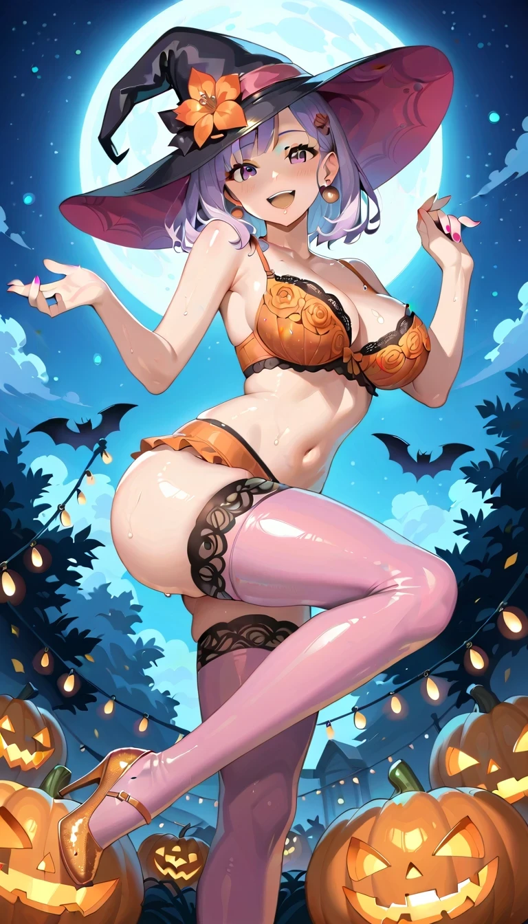 Witch Hat、Transparent orange embroidered lingerie、(Masterpiece:1.3),Dynamic pose,(Orange glitter embroidered bra:1.2),Shiny skin,Delicate depiction,Depiction of light,Full-body composition,Tropical light brown hair、Purple hair tips、Medium gradation transparent hair with orange ash tips, ((1 female)), Erotic, desire, desire, charm, sexy, Big Breasts, Big Ass, joy, Excited, sweat,(Transparent glitter light purple leggings only:1.2). Delicate and beautiful eyes, Beautiful lip detail, Highly detailed eyes and face, Long eyelashes, Calm expression, Soft Lighting, Halloween party venue, ,((Halloween night lights))