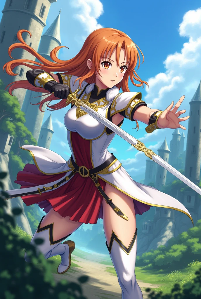 (((((middle age woman))))), masterpiece, ultra detailed, 8k portrait, RAW photo, portrait photography, highly detailed face, ((Fantasy)), 1 woman, alicia,(((female knight))), (((spread legs dynamic pose))), (((((pussy odor))))), 33 years old, (((((tall))))), (((small eyes))), glasses, (((dark red long straight hair))), ((forehead)), (((white skin color))), (((leather breast armor and see-through micro skirt))), (((yellow long cloak))), (((high cut iron shoes))), (((equip a long sword and large shield))), Midday Sun, hyper realistic, Body model, Small breasts, Beautiful breasts, (big butt), (thick thighs), Long legs, in the medieval adventurer's guild, Ambient lighting, Shadow details , Camera focus on face, strong breeze, Light fog
