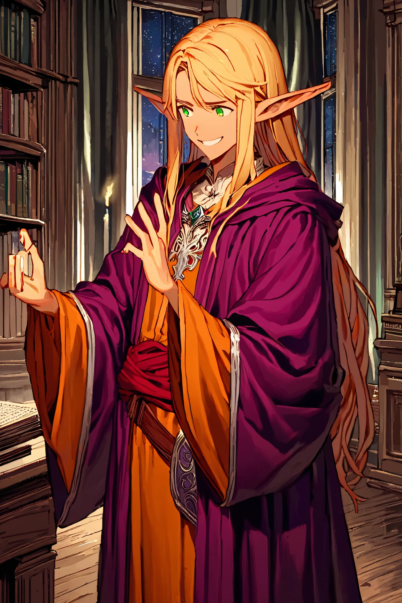 (masterpiece) elf, male, pointed ears, long blond hair, bangs, green eyes, purple velvet robe, wizards robe, wide sleeves, orange tunic benath robe, red sash, grimoire attached to waist, (crazed smile, desperate, cocky) standing in an 18th century study room, ornate wooden interior, window drapes are shut, lighting coming from green candles, dungeons and dragons, fantasy art, npcp, dark vibes, summoning the undead
