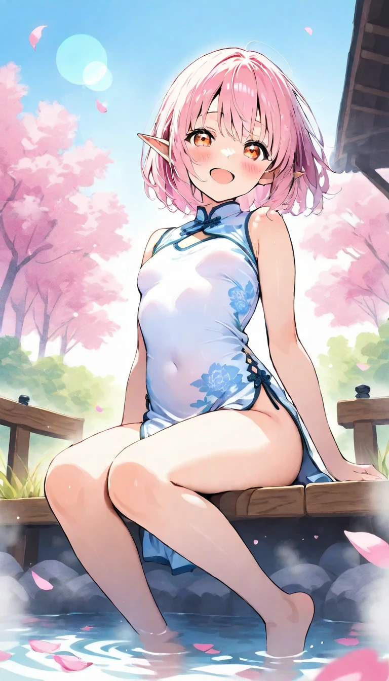 masterpiece, best quality, ffnoel, short hair,Naked,Naked x hair ornament, green eyes, blue bowtie,smile, outdoors, cherry blossoms, standing, cowboy shot, open mouth,nude,nude,cowgirl sex