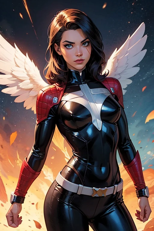 A sensual and beautiful superheroine, 1girl, wearing a stylish brown and white uniform, extremely detailed face and eyes, long lashes, beautiful detailed lips, her large wings spread out as she flies over the skies of a big city, masterpiece, photorealistic, 8k, hyper detailed, cinematic lighting, dramatic shadows, vibrant colors, comic book style