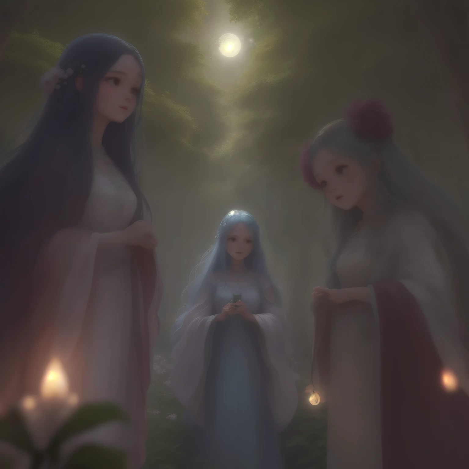 In this enchanting scene, the camera is situated among treetops, offering a low-angle perspective amidst a whimsical atmosphere, Moonlit forest glade, subtle mist swirling around ancient trees, illuminated by a soft, ethereal glow emanating from a crescent moon hanging low in the sky. A young witch, dressed in flowing white robes, stands at the edge of the clearing, her staff glowing with a gentle blue light as she gazes up at the celestial body, her long hair blowing gently in the breeze.. The composition features a kaleidoscope of vibrant flowers swaying gently in the breeze, with towering trees stretching towards the sky and magical beings hidden amongst the foliage. Soft, diffused light filters through the canopy, casting dappled shadows across the forest floor. As the camera captures every detail in 8K resolution, delicate petals of seven-colored flowers and enigmatic expressions of mystical creatures come into sharp focus.