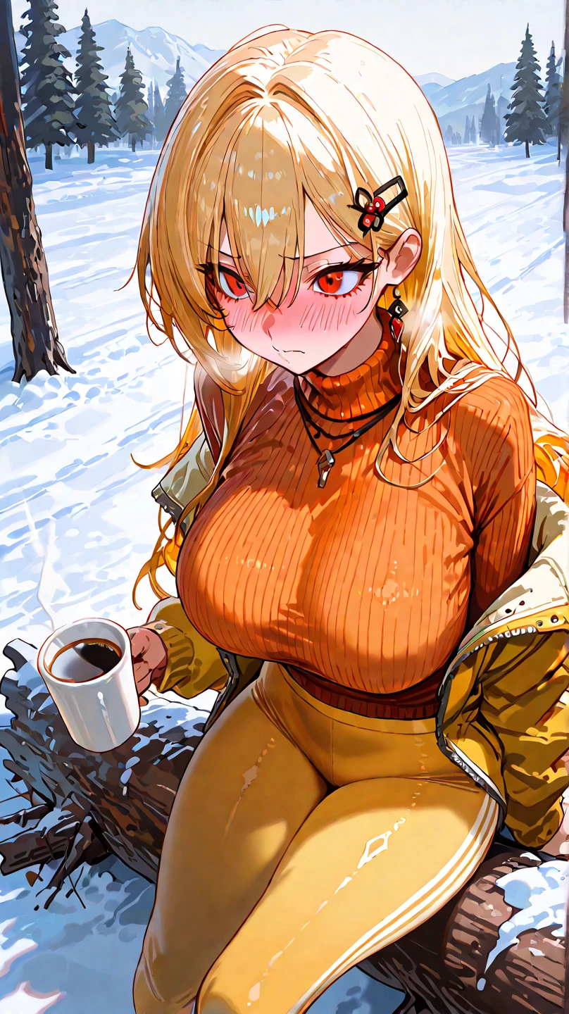 top-quality、Top image quality、masterpiece、An elf girl((18year old、Best Bust、big bast,Beautiful blue eyes、Breasts wide open, Blonde twintails、a little muscular、Large valleys、Reflecting the whole body、red scarf、Clothes in black robes、Physical education sitting))hiquality、Beautiful Art、Background with((Night Tent、stew、Camping coffee)))、,masutepiece、visualart、depth of fields、