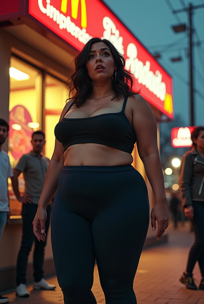 Full body photo of a chubby beautiful woman in her 30s, detailed face, big eyebrows, messy bun punk hairstyle, ripped baggy jeans, sport sandals, walking in a chaotic urban environment with many people around, professional photography, 1 woman, realistic, photorealistic, photo-realistic:1.37, 4k, 8k, highres, masterpiece:1.2, ultra-detailed, HDR, UHD, studio lighting, ultra-fine painting, sharp focus, physically-based rendering, extreme detail description, professional, vivid colors, bokeh