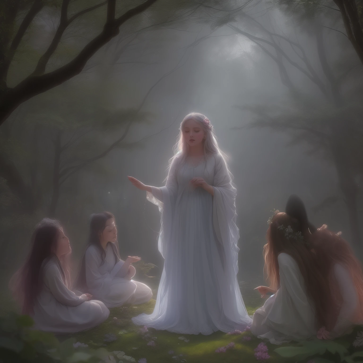 In this enchanting scene, the camera is situated among treetops, offering a low-angle perspective amidst a whimsical atmosphere, Moonlit forest glade, subtle mist swirling around ancient trees, illuminated by a soft, ethereal glow emanating from a crescent moon hanging low in the sky. A young witch, dressed in flowing white robes, stands at the edge of the clearing, her staff glowing with a gentle blue light as she gazes up at the celestial body, her long hair blowing gently in the breeze.. The composition features a kaleidoscope of vibrant flowers swaying gently in the breeze, with towering trees stretching towards the sky and magical beings hidden amongst the foliage. Soft, diffused light filters through the canopy, casting dappled shadows across the forest floor. As the camera captures every detail in 8K resolution, delicate petals of seven-colored flowers and enigmatic expressions of mystical creatures come into sharp focus.