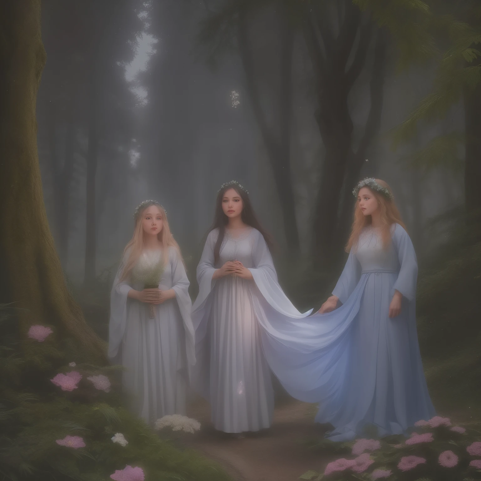 In this enchanting scene, the camera is situated among treetops, offering a low-angle perspective amidst a whimsical atmosphere, Moonlit forest glade, subtle mist swirling around ancient trees, illuminated by a soft, ethereal glow emanating from a crescent moon hanging low in the sky. A young witch, dressed in flowing white robes, stands at the edge of the clearing, her staff glowing with a gentle blue light as she gazes up at the celestial body, her long hair blowing gently in the breeze.. The composition features a kaleidoscope of vibrant flowers swaying gently in the breeze, with towering trees stretching towards the sky and magical beings hidden amongst the foliage. Soft, diffused light filters through the canopy, casting dappled shadows across the forest floor. As the camera captures every detail in 8K resolution, delicate petals of seven-colored flowers and enigmatic expressions of mystical creatures come into sharp focus.