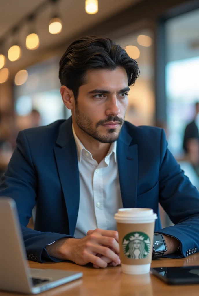 Based on the uploaded photograph, Create Photograph of a young man, Approximately 29 years old, with straight black plush military zhuler hair on the left side. He has a Caucasian Latino complexion and has a serious sympathetic expression.. He is sitting in a shopping mall, next to him a large Starbucks cafe (400 ml ). He wears a white shirt with a blue blazer, wears an Apple Watch watch on his wrist and has a MacBook on the table next to black sunglasses Ray-Ban and Justin centered on