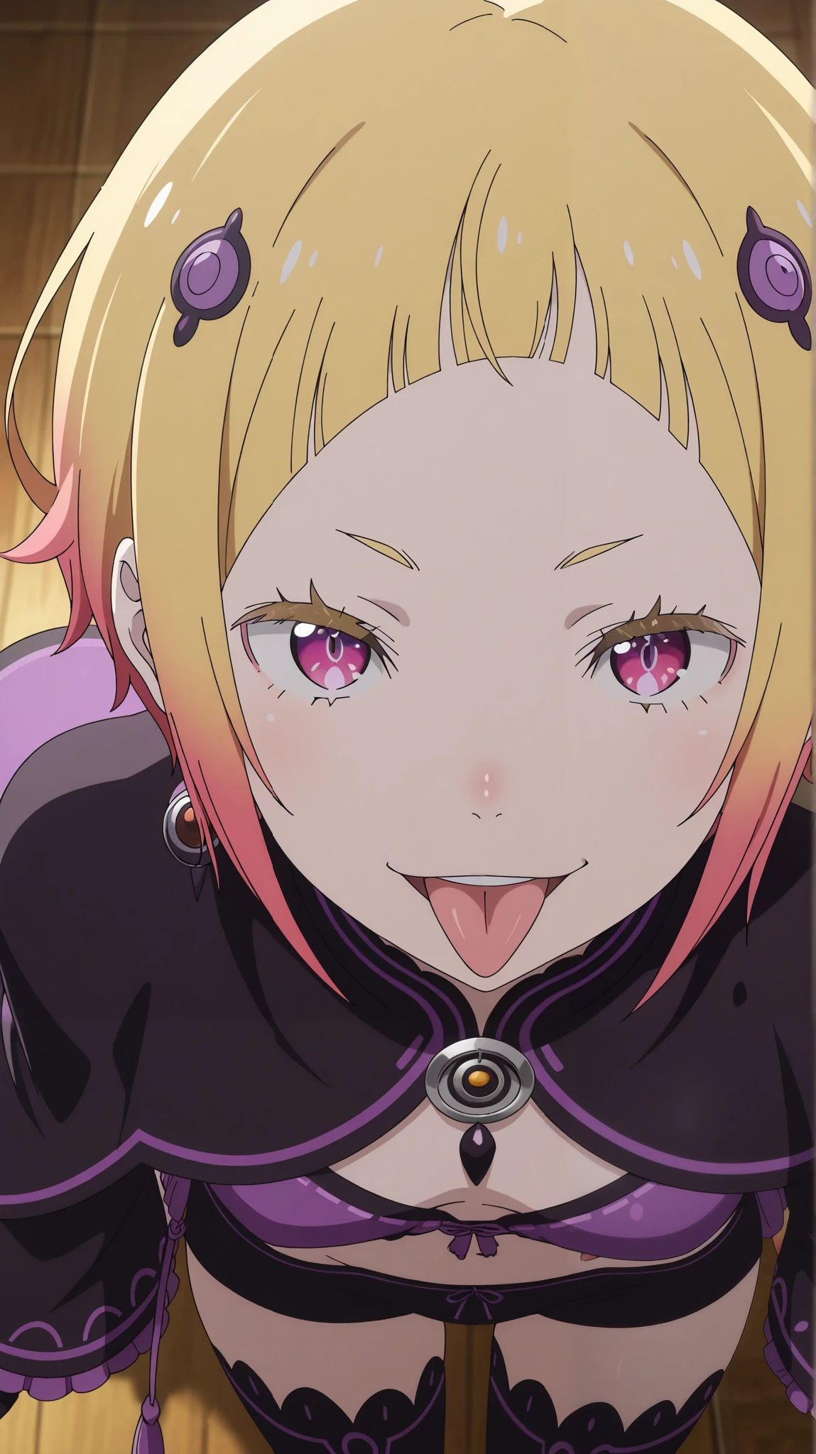 , Capella,re:zero
High quality , best quality , masterpiece, High Resolution , detailed face( LoRA: Capella),anatomically correct, detailed hairstyle( LoRA: Capella),anime Coloring
solo, 1 girl
,multicolored hair,blonde hair,short hair,pink eyes,
, purple midriff,black shorts,black thighhighs,hair ornament,
, close-up, looking at viewer,from above,upper body
smile,open mouth,, smirk,tongue out