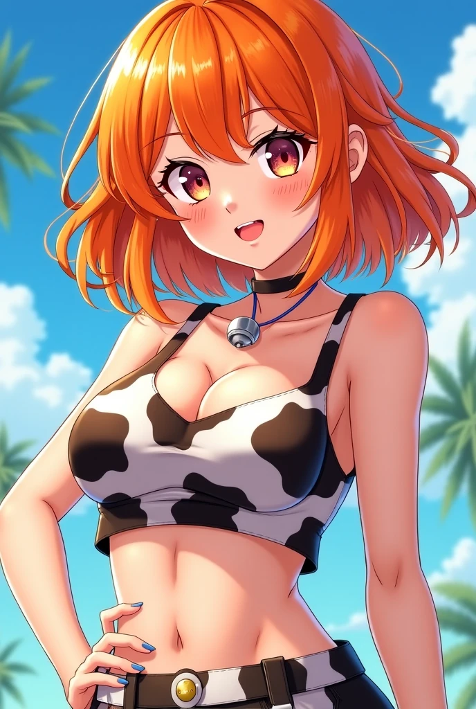 (Masterpiece, Best Quality, High Quality), professional artwork, well drawn, Intricate Details,solo, Kousaka honoka, in studio, ultra detail hair, ultra detail face, perfect eyes, earring, blushing, embarrassed, bikini,cow print, elbow band , thighhighs , standing 