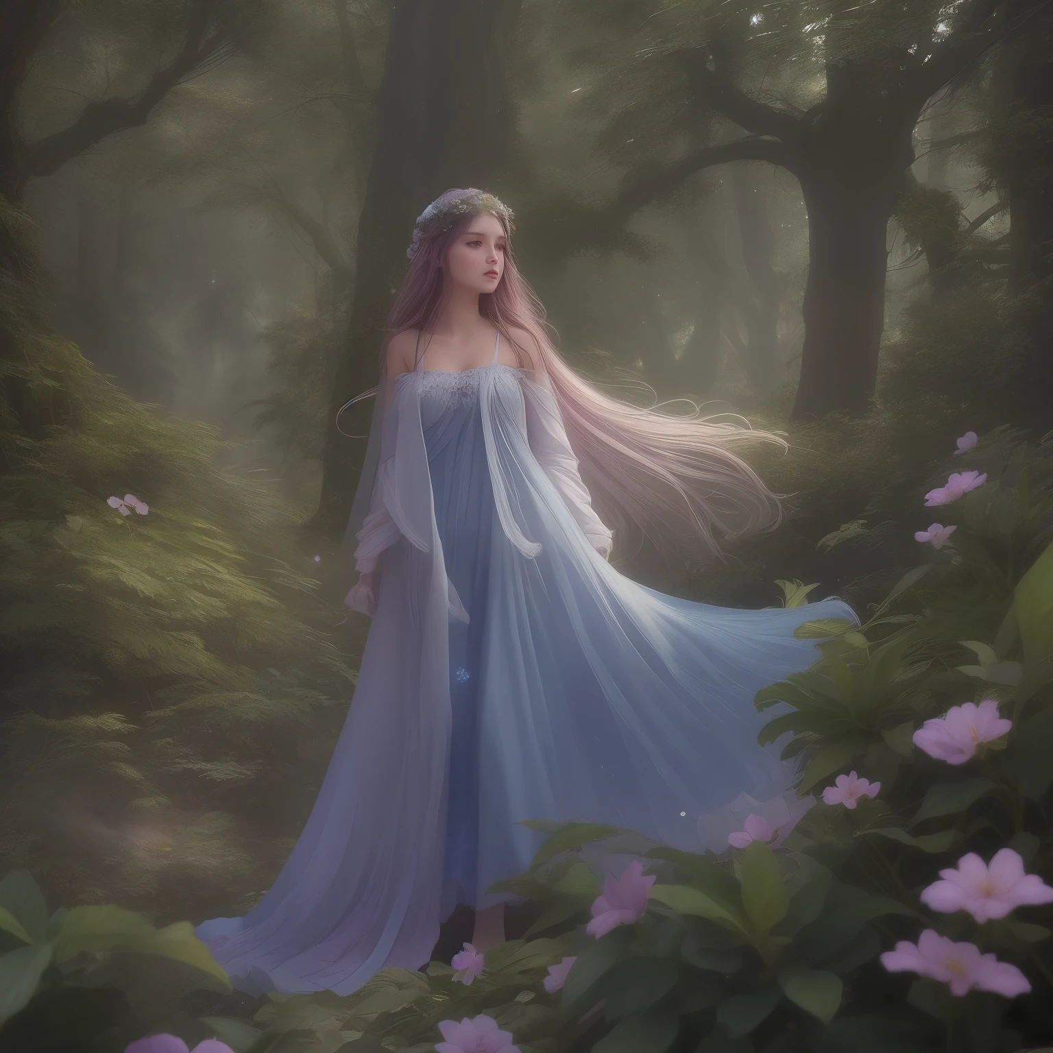 In this enchanting scene, the camera is situated among treetops, offering a low-angle perspective amidst a whimsical atmosphere, Moonlit forest glade, subtle mist swirling around ancient trees, illuminated by a soft, ethereal glow emanating from a crescent moon hanging low in the sky. A young witch, dressed in flowing white robes, stands at the edge of the clearing, her staff glowing with a gentle blue light as she gazes up at the celestial body, her long hair blowing gently in the breeze.. The composition features a kaleidoscope of vibrant flowers swaying gently in the breeze, with towering trees stretching towards the sky and magical beings hidden amongst the foliage. Soft, diffused light filters through the canopy, casting dappled shadows across the forest floor. As the camera captures every detail in 8K resolution, delicate petals of seven-colored flowers and enigmatic expressions of mystical creatures come into sharp focus.