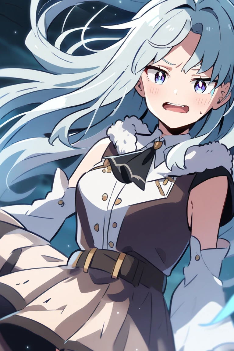 clenched teeth,scarred,swimsuit,intimidated,sitting on the flor,looking up,looking at viewer,panic,changing room,white tiles,white hair,red eyes
