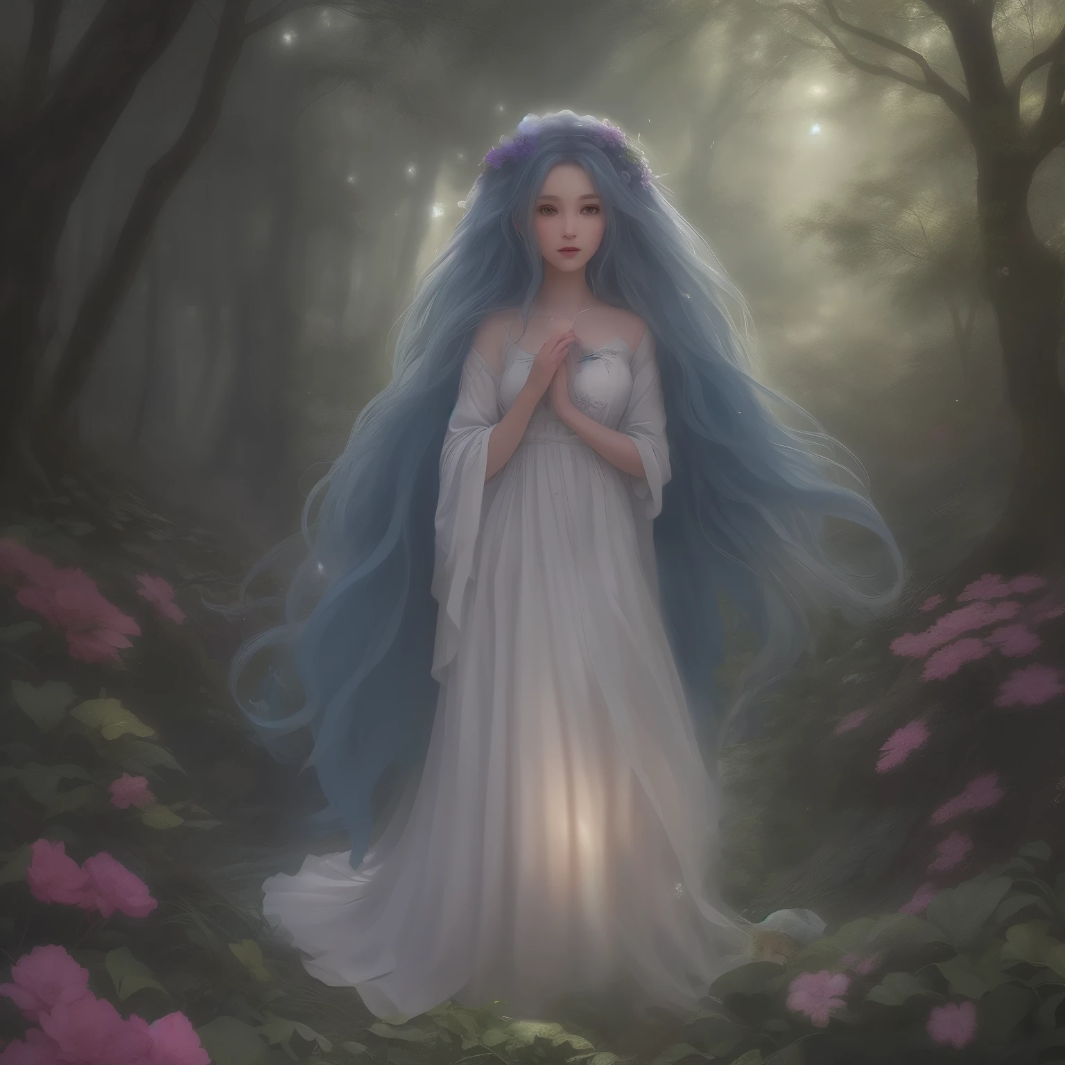 In this enchanting scene, the camera is situated among treetops, offering a low-angle perspective amidst a whimsical atmosphere, Moonlit forest glade, subtle mist swirling around ancient trees, illuminated by a soft, ethereal glow emanating from a crescent moon hanging low in the sky. A young witch, dressed in flowing white robes, stands at the edge of the clearing, her staff glowing with a gentle blue light as she gazes up at the celestial body, her long hair blowing gently in the breeze.. The composition features a kaleidoscope of vibrant flowers swaying gently in the breeze, with towering trees stretching towards the sky and magical beings hidden amongst the foliage. Soft, diffused light filters through the canopy, casting dappled shadows across the forest floor. As the camera captures every detail in 8K resolution, delicate petals of seven-colored flowers and enigmatic expressions of mystical creatures come into sharp focus.