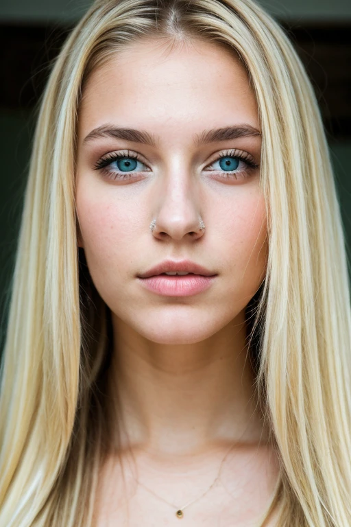 Russian girl with blonde hair and blue eyes wearing a collared T-shirt with short sleeves