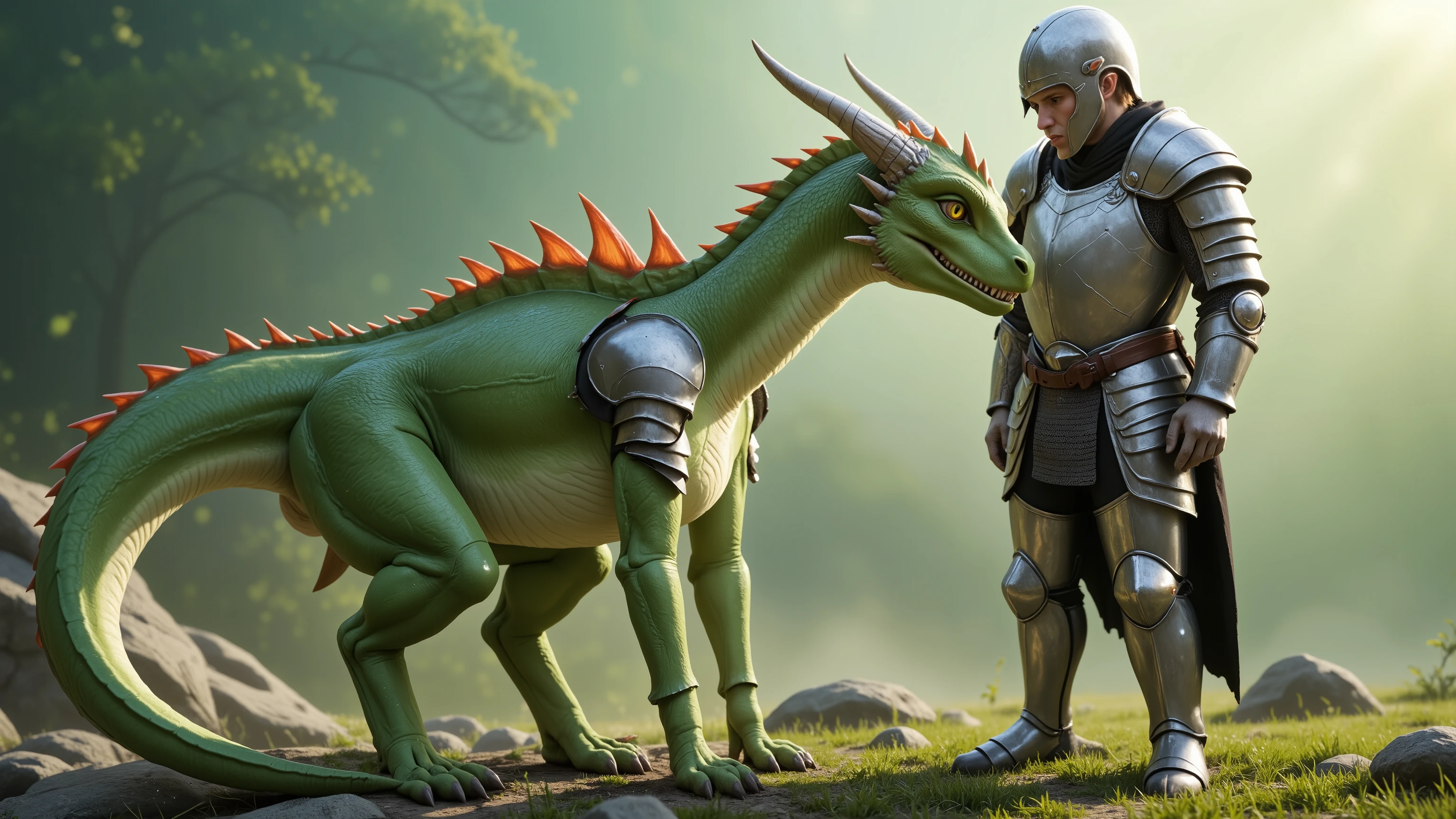 Against a misty, emerald-hued backdrop, a youthful green dragon, her slender neck adorned with a spiky fin, crouches on all fours, eyes locked onto the viewer's gaze. Her delicate arms, legs, and tail are long and lean, exuding an air of vulnerability. Next to her stands a 6-foot-tall elf knight, clad in gleaming plate mail armor, their helmet slightly above the dragon's shoulder. The scene is bathed in soft, morning light, with misty tendrils curling around the duo.