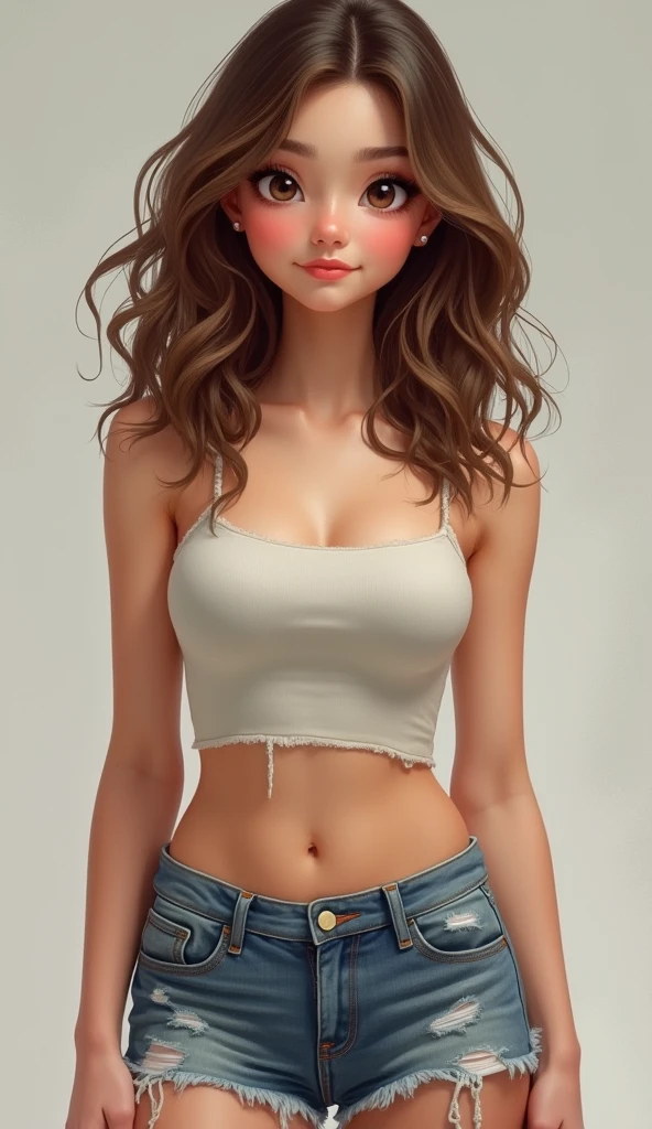 10 year old girl, slightly thick, posing in doggy style, short shorts, crop top, moderately sized breasts realistic