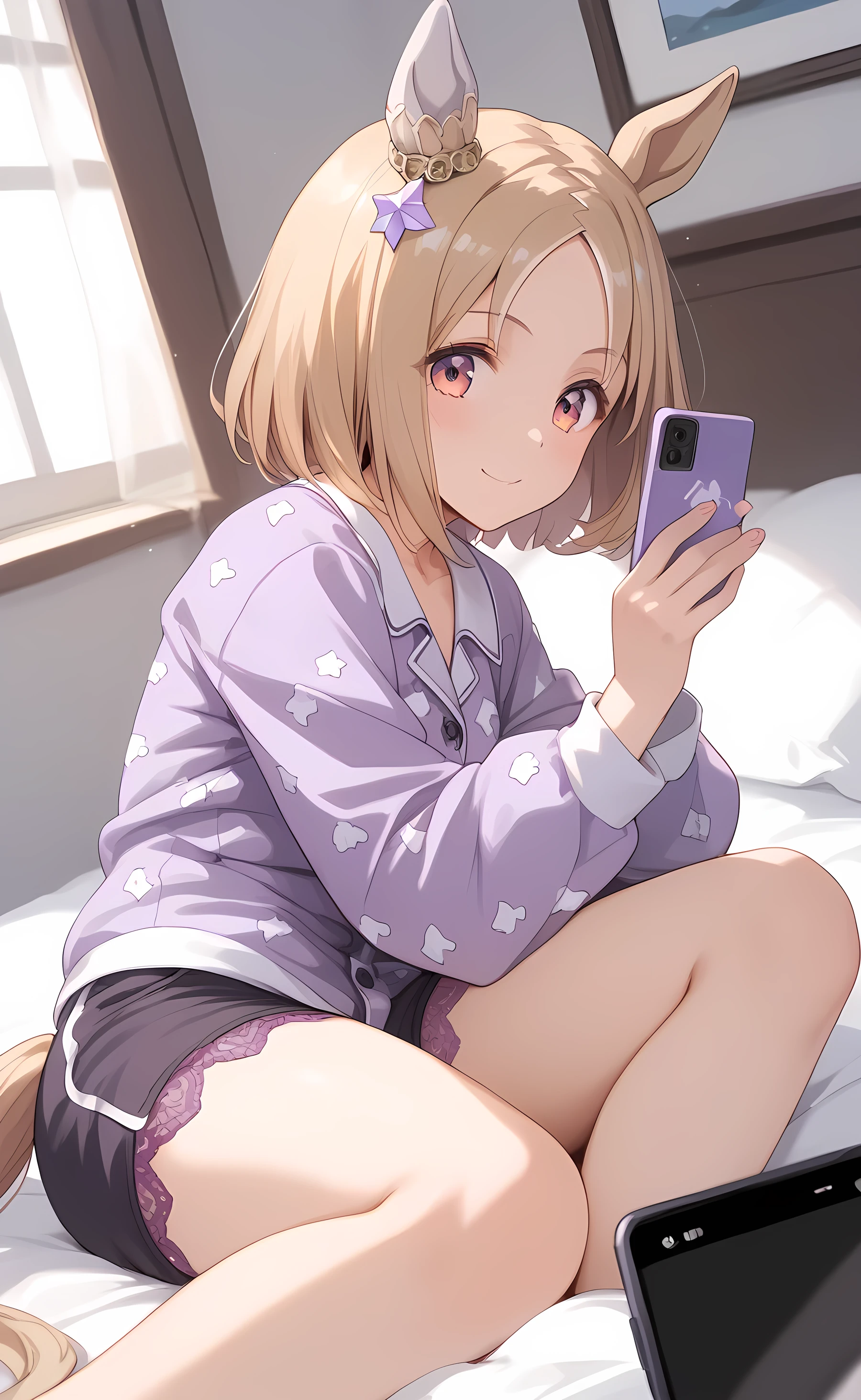 cute , wearing tank top, pink hair, short hair, bedroom, best quality, big boobs, sleepy pose, holding smartphone