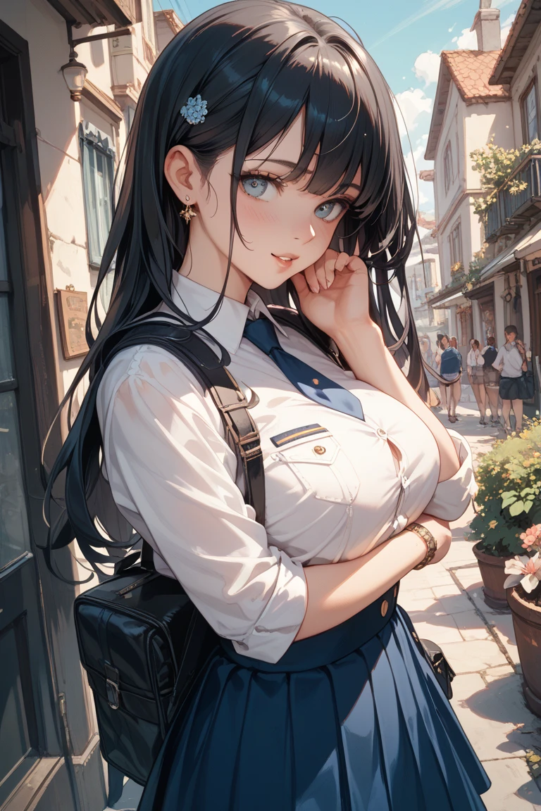 girl,(blush:1.1),{(black hair:1.2),(medium hair:1.5),(straight hair:1.5),hair between eyes},(huge breasts:1.1 ),{school uniform,short sleeve shirt,school skirt,(tie:1.2)},arm up,(fine eyes and skin:1.4),(detailed facial features:1.4),(perfect style),(beautiful face),at city