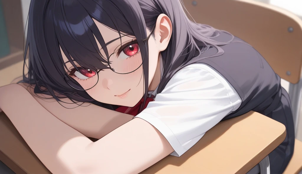 (Browsing Caution),(High resolution),(High resolution),(High resolution),(8k)、(Suspender skirt、Red ribbon、White shirt、school uniform)、Black Hair,Braid,Black-rimmed glasses,under the table、under the tableのフェラチオ、Blowjob under the table、、