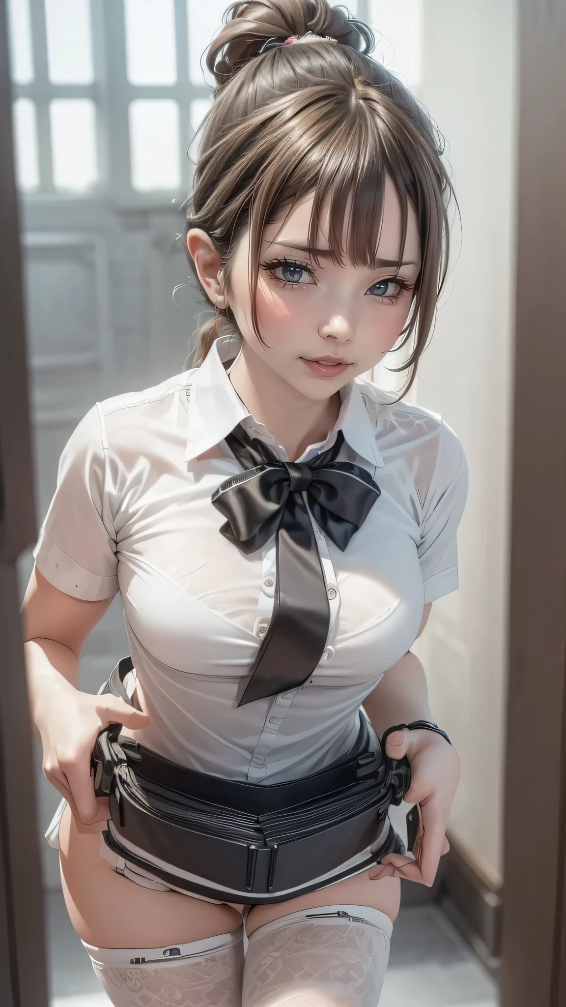 (8k、RAW photo、highest quality、masterpiece:1.2)、character focus、完璧なcute女の子、cute、(small face)、(office lady:1.2)、(short bob:1.2)、幸せなsmile、smile、shiny肌、(beautiful leg line)、thin waist、(big breasts:1.2)、beautiful breasts、(cleavage)、(blouse、pencil skirt、black stockings:1.4)、high heels、transparent skin、High transparency、(slender and beautiful girl)、(shiny)、view audience、(squat:1.2)、(beautiful hands)、(beautiful thighs)、office interior、Bokeh、perfect limbs、