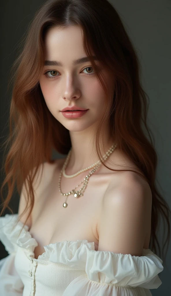 (full body) full-length shot of Sadie Sink, in maroon latex bodysuit, bedside, hair tied back, wearing pearl necklace, wearing hoop earrings, ultra sharp focus, trimmed pubic hair (high detailed skin:1.2), 8k uhd, dslr, high quality, film grain, Fujifilm XT38k, {{1girl}} (8k, RAW photo, highest quality),(epic realistic:1.5), dynamic posture,erotic face,shirt,(detailed eyes:0.8),(looking at the camera:1.4), (highest quality), (best shadow),intricate details,cinematic,((skin:1.4)),interior,dark studio,(hdr:1.5),detailed,(bright lighting: 0.7), masterpiece, full-length portrait, perfect face, captivating eyes, bright details, pouting lips, (high skin detail), oil on breasts, perky breasts (tint: 0.3), (dirty: 0.7), flirting with camera