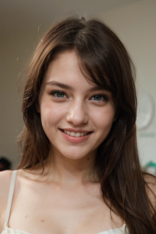 cosplay lovely and smiling   girl with long brown hair, green eyes