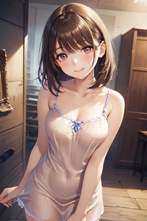 High resolution, Highest quality, masterpiece, 超High resolution, 超High resolution, Ultra-realistic, 3d, anime, figure, alone, A very beautiful and cute woman in her 20s, She was wearing a pale white floral mini-skirt dress.、Flapping its wings, Her hair is moving, whole body, Amazing perfect ratio, Shiny light brown medium length hair, High Layer Cut, Mallet Hairstyles, Bright Blue Eyes, Happy, shy