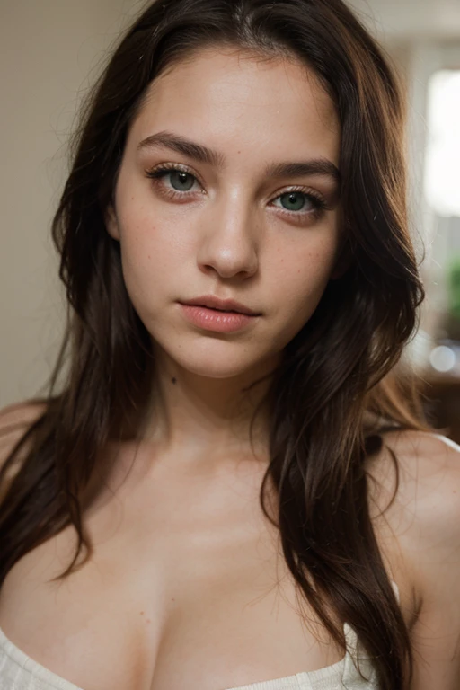 Woman with straight brown hair with very long hair down to her waist, light eyes, green eyes, around 22 years old, a mouth with thick lips painted with light pink lipstick and a small nose, asymmetrical oval face is wearing a short white lace dress