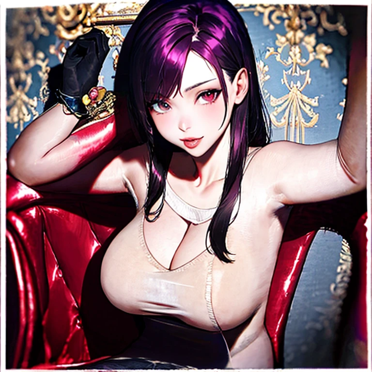 a beautiful anime close-up glamour portrait of a Vampire, Asian, Busty (deep cleavage), smiling with parted lips, manic smile, large fangs, gazing at the viewer, Vampire fantasy clothing, anatomically correct, mid-twenties vampire priestess with Anime colored hair and olive skin, modeling in a throne room, WLOP. studio lighting, detailed skin, ultra, realistic, sharp features, highly detailed. Sharp focus, natural skin, natural skin texture, subsurface scattering, muted colors, skin pores, perfect face, perfect eyes, perfect full lips, supple female form, legs crossed, vivid, cinematic, Film light, Hyper detailed, Hyper-realistic, masterpiece, atmospheric, High resolution, Vibrant, High contrast, dark angle, 8k, HDR, 500px,