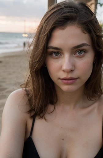 23 years old girl, blond hair, 8K, Best Quality, Masterpiece, Ultra High Definition, (Realism: 1.4), Original Photo, (Realistic Skin Texture: 1.3), (Grain: 1.3), (Selfie Angle), 1 Girl, Beautiful Eyes and Facial Details, Masterpiece, Beach , Underwear, Best quality, Close-up, Upper body, looking at viewer