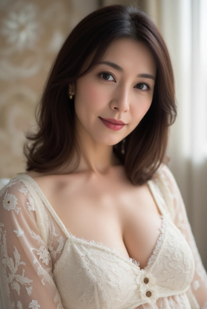 muste piece, photorealistic, best quality, complex and delicate, 8K wallpaper, highest quality, masterpiece, real, Super detailed, 1 woman, 40 year old beautiful woman, slimming, (((facing forward))), Symmetrical, (((view audience))), dynamic lighting, volumetric lighting, highly detailed face, long hair, straight hair, V-neck dress in bright colors, well-shaped small bust, cleavage