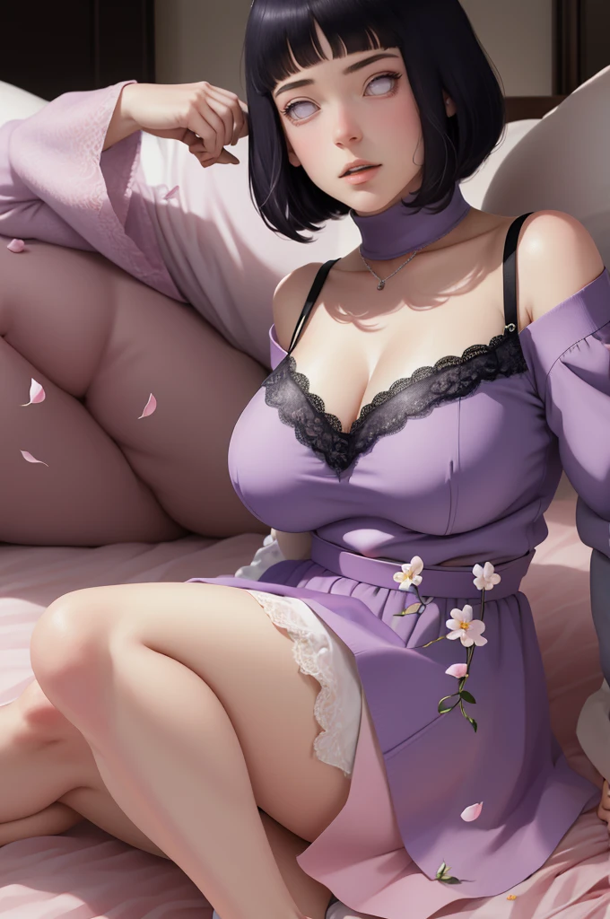 {-erro_de_anatomia:1.0}(Masterpiece - Ultra-Detailed, High Resolution) Masterpiece, absurderes, Hinata\(Boruto\), 1girll, Solo,Mature female, Off-the-shoulder lace shirt, When looking at the camera, Perfect composition, Detailed lips, big breast, Beautiful face, body propotion, Blush, (Pink lips), medium hair, (black hair) Purple eyes, Soft gaze, Super realistic, Detailed, photoshoot, Realistick faces and bodies, whole body, sitting on the bed, backwadrs, Looking back. Very sexy, with chin resting on shoulder