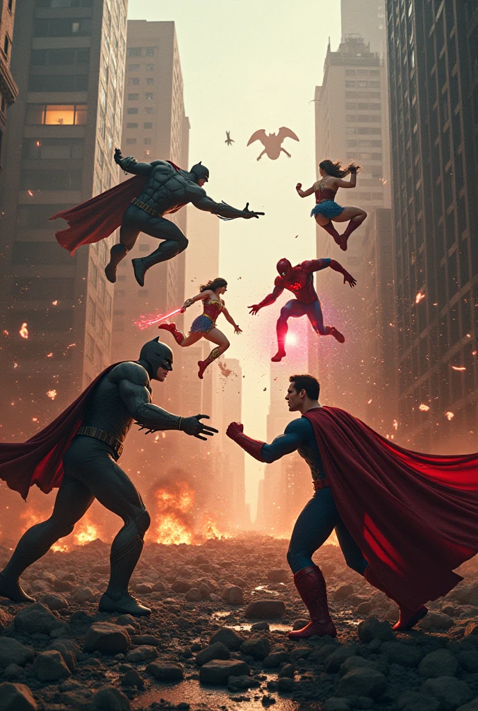 Create an image of the justice league and the avengers fighting